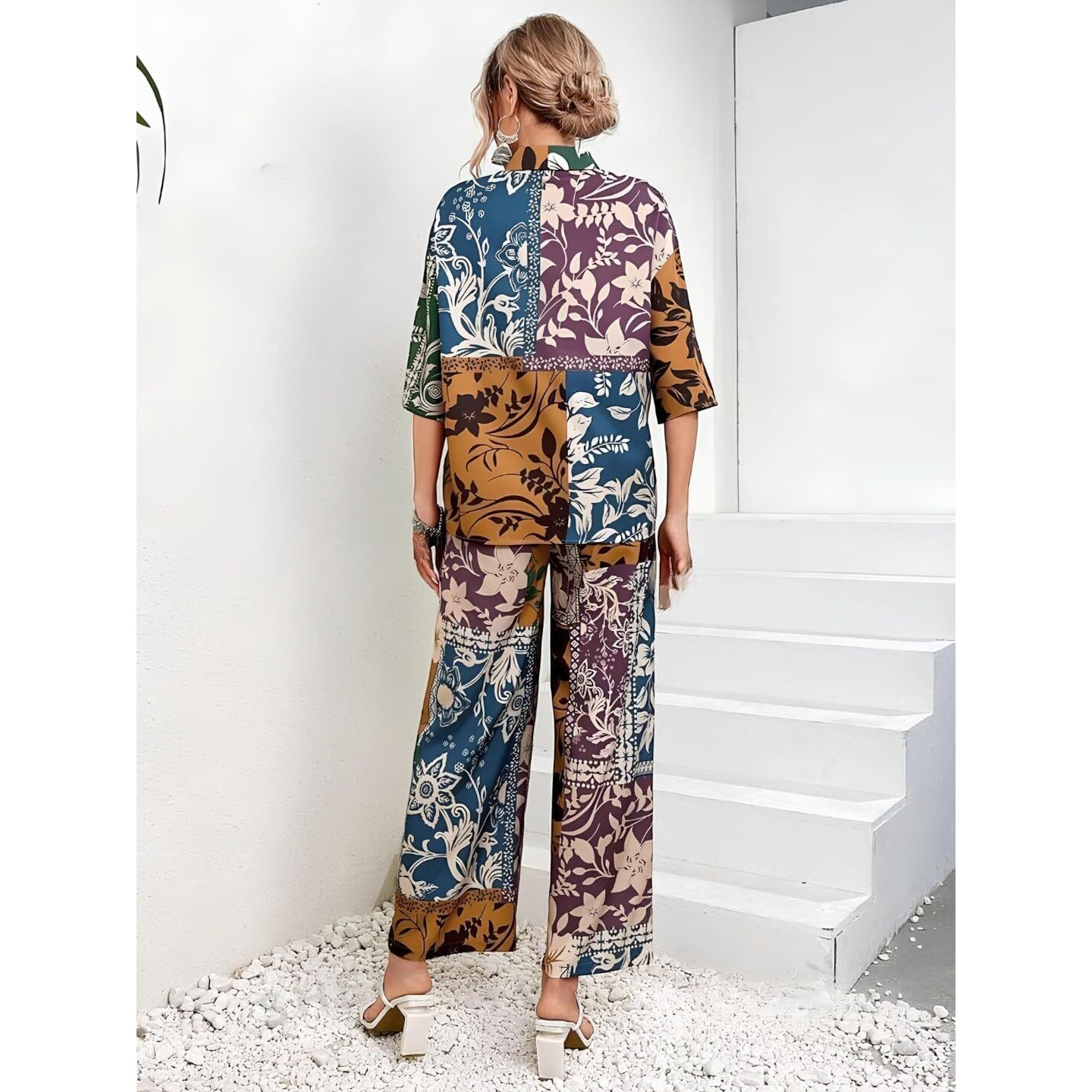 Gufrina Women's Floral Patchwork Print Co-Ords Set - Short Sleeve Open Collar Shirt And Wide-Leg Pants (Beige M)