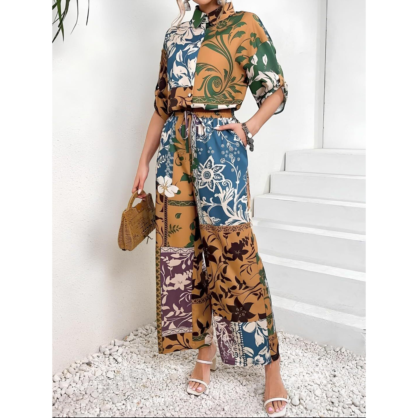 Gufrina Women's Floral Patchwork Print Co-Ords Set - Short Sleeve Open Collar Shirt And Wide-Leg Pants (Beige M)