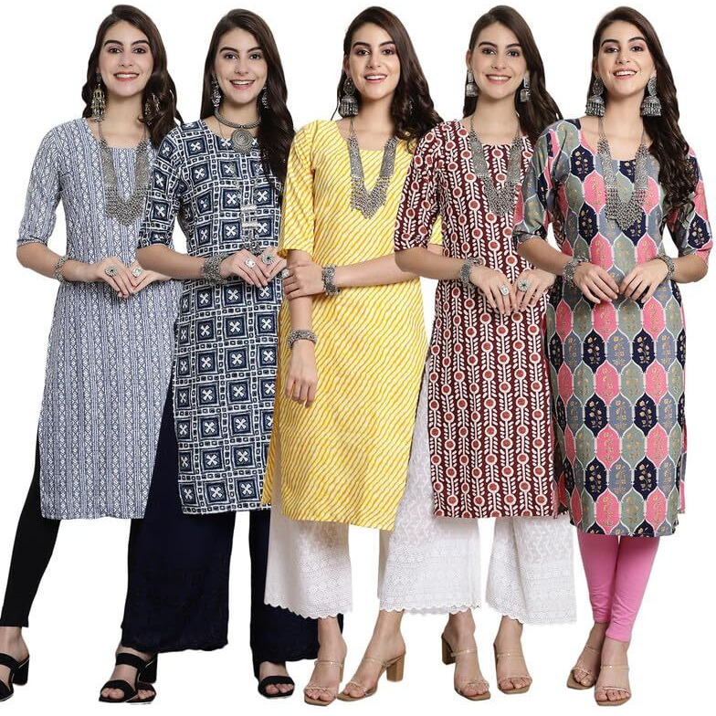Pinkmint Crepe Printed Kurti For Womens College Wear Kurti Festival Wear Kurti For Women (Pack Of 5)