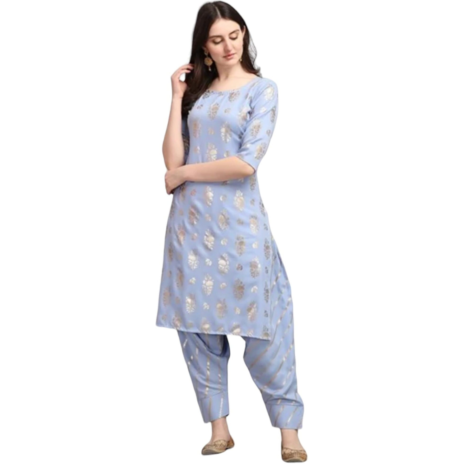 Gufrina Women's Rayon Kurta Set 3/4 Sleeve Straight Kurta Dhoti Pant Round Neck With Floral Foil Print(Sky Blue M)
