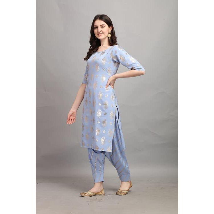Gufrina Women's Rayon Kurta Set 3/4 Sleeve Straight Kurta Dhoti Pant Round Neck With Floral Foil Print(Sky Blue M)