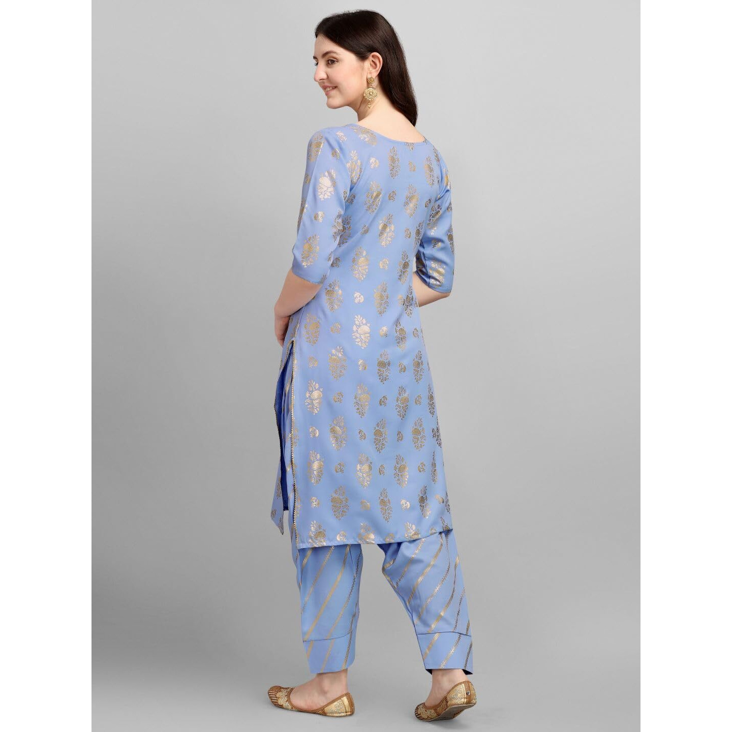 Gufrina Women's Rayon Kurta Set 3/4 Sleeve Straight Kurta Dhoti Pant Round Neck With Floral Foil Print(Sky Blue M)