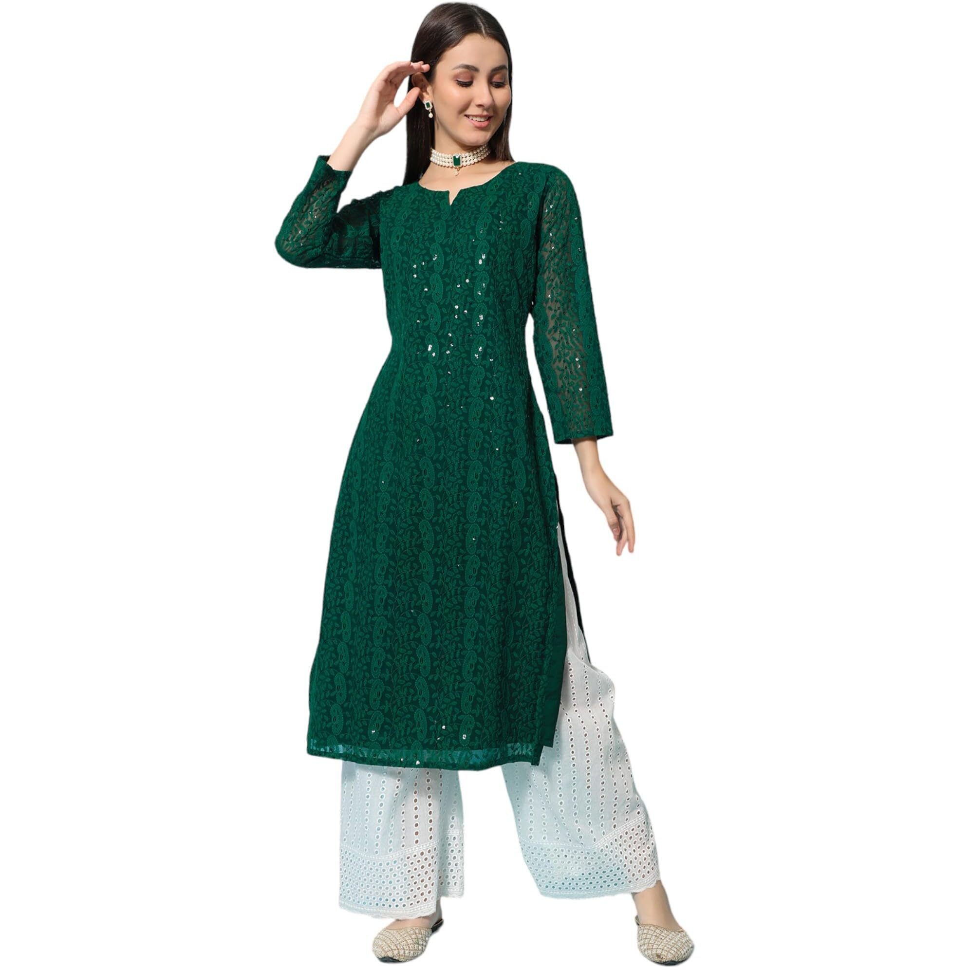 Gufrina Women's Georgette Straight Kurta Palazzo With Notch Neck 3/4Th Sleeves Solid Pattern Chikankari Work Calf Length And Regular Fit