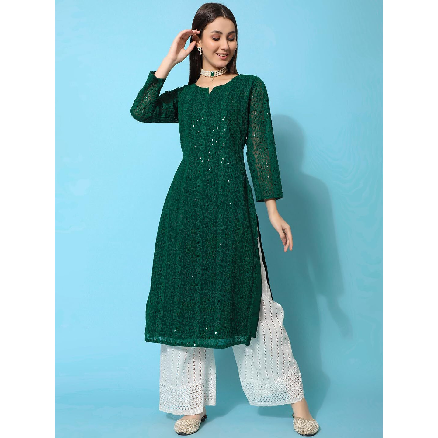 Gufrina Women's Georgette Straight Kurta Palazzo With Notch Neck 3/4Th Sleeves Solid Pattern Chikankari Work Calf Length And Regular Fit