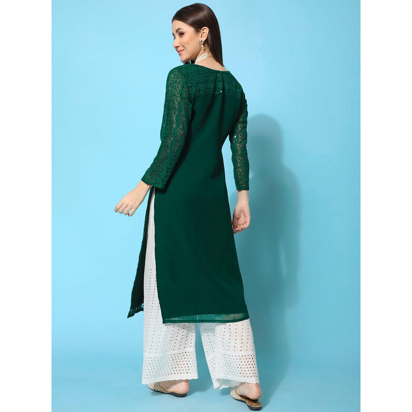 Gufrina Women's Georgette Straight Kurta Palazzo With Notch Neck 3/4Th Sleeves Solid Pattern Chikankari Work Calf Length And Regular Fit