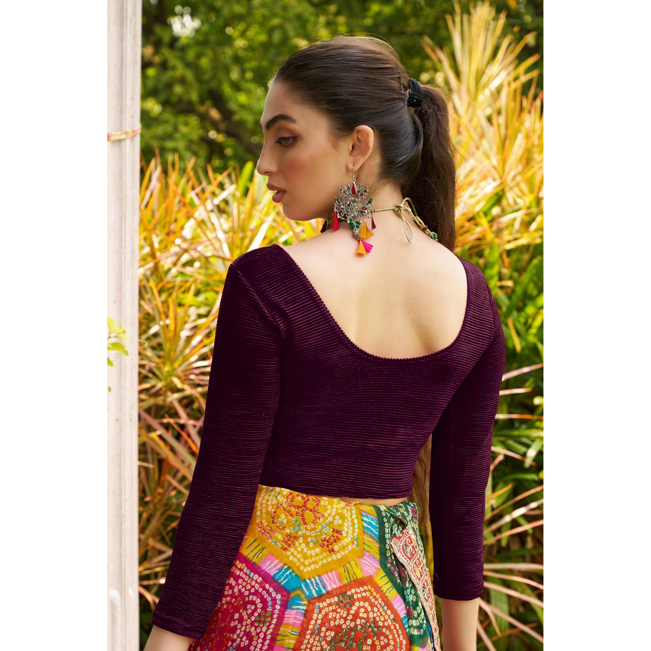 Pujia Mills Blouse Readymade Black Color 3/4 Sleeve Blouses For Women Readymade Stylish Blouse For Women Stretchable Imported Velvet Fabric (Wine, Xxl)