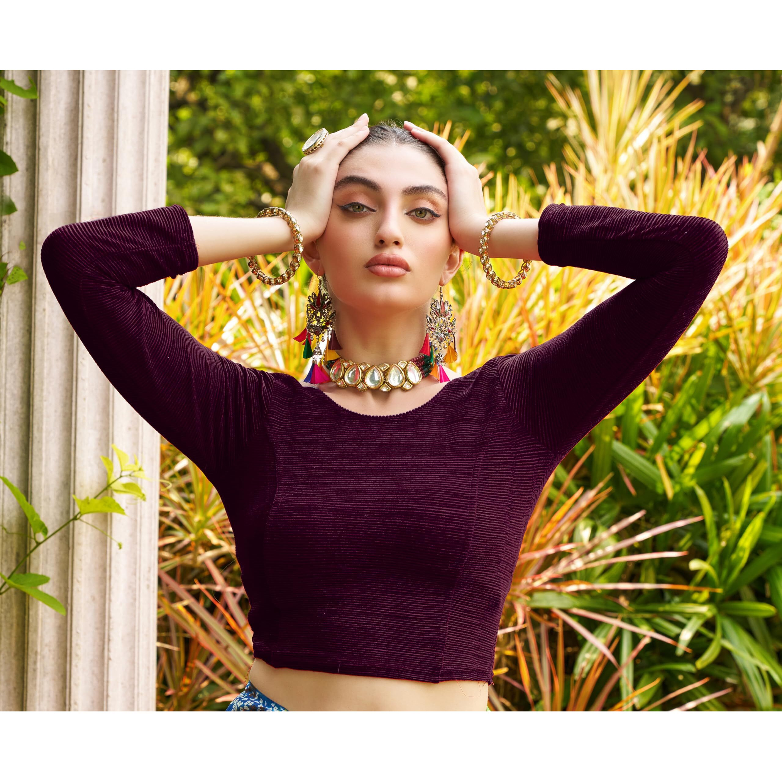Pujia Mills Blouse Readymade Black Color 3/4 Sleeve Blouses For Women Readymade Stylish Blouse For Women Stretchable Imported Velvet Fabric (Wine, Xxl)