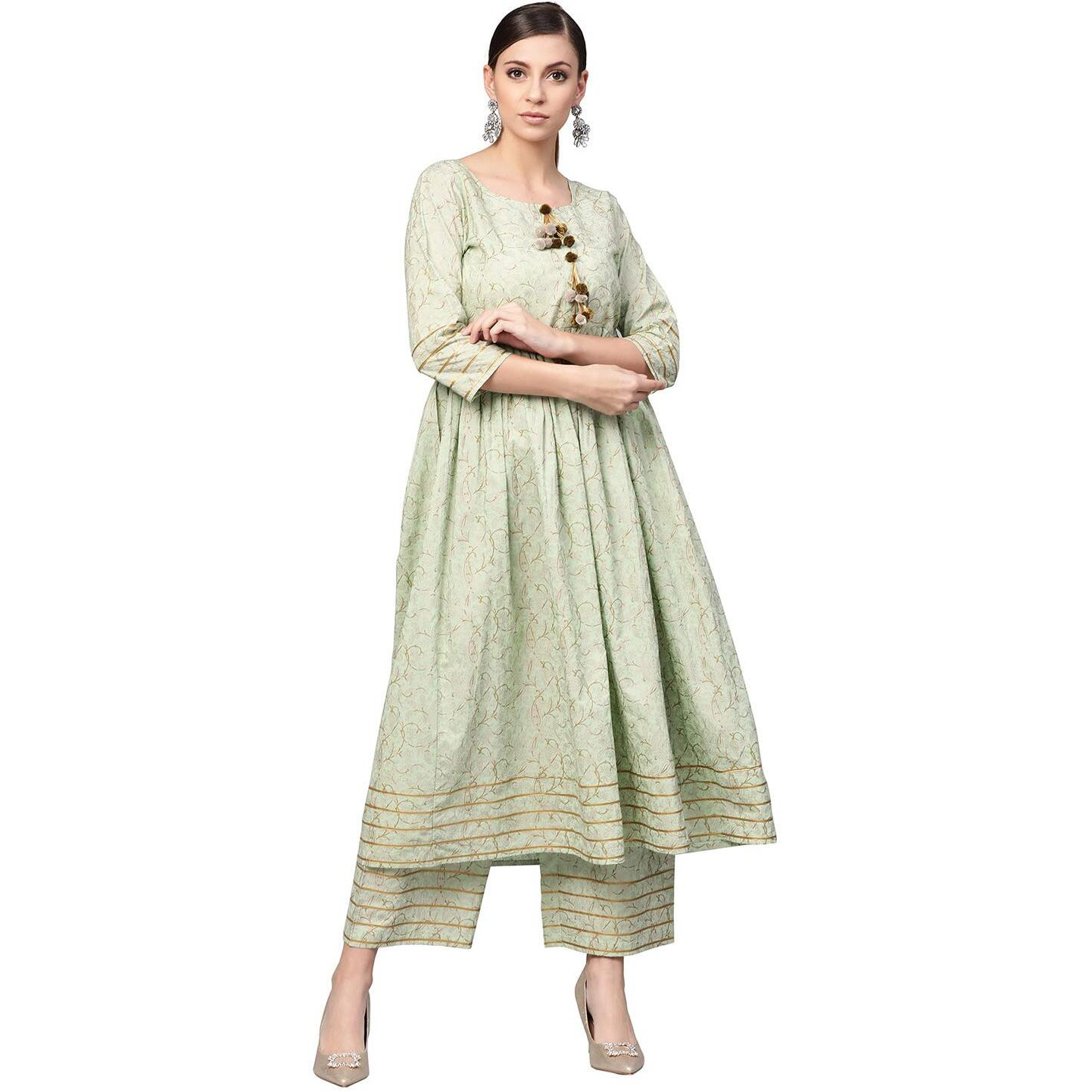 Idalia Cotton Blend Kurta Set For Women, 3/4 Sleeve, Calf-Length, Elegant Design For Special Occasions Pista Green