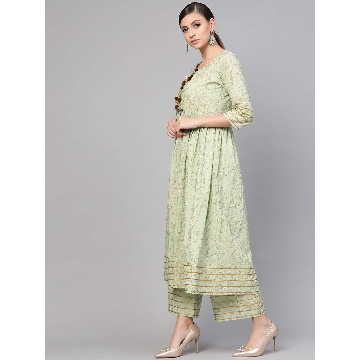 Idalia Cotton Blend Kurta Set For Women, 3/4 Sleeve, Calf-Length, Elegant Design For Special Occasions Pista Green