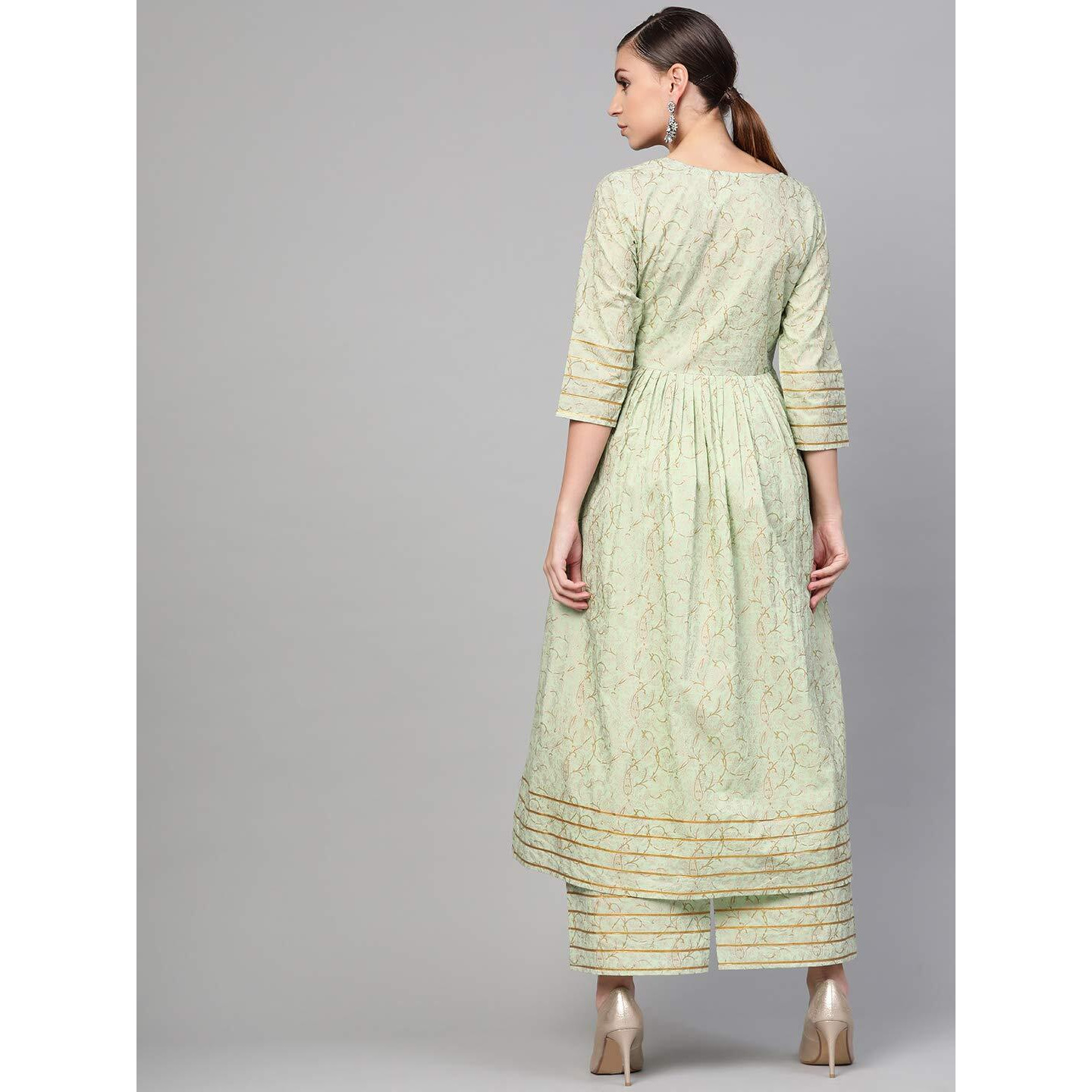 Idalia Cotton Blend Kurta Set For Women, 3/4 Sleeve, Calf-Length, Elegant Design For Special Occasions Pista Green