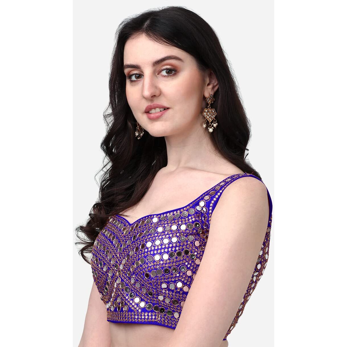 Pujia Mills Women's Embroidery Work Real Mirror Sleeveless Readymade Blouse Royal Blue Color (V-Mirror_Royal Blue_36)