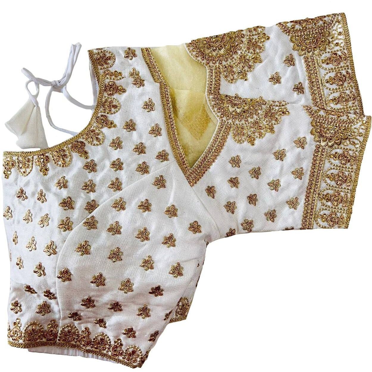 Pujia Mills Women's Heavy Milan Silk Codding Embroidery With Diamond Work Net Cutwork Blouse (Gopika White)