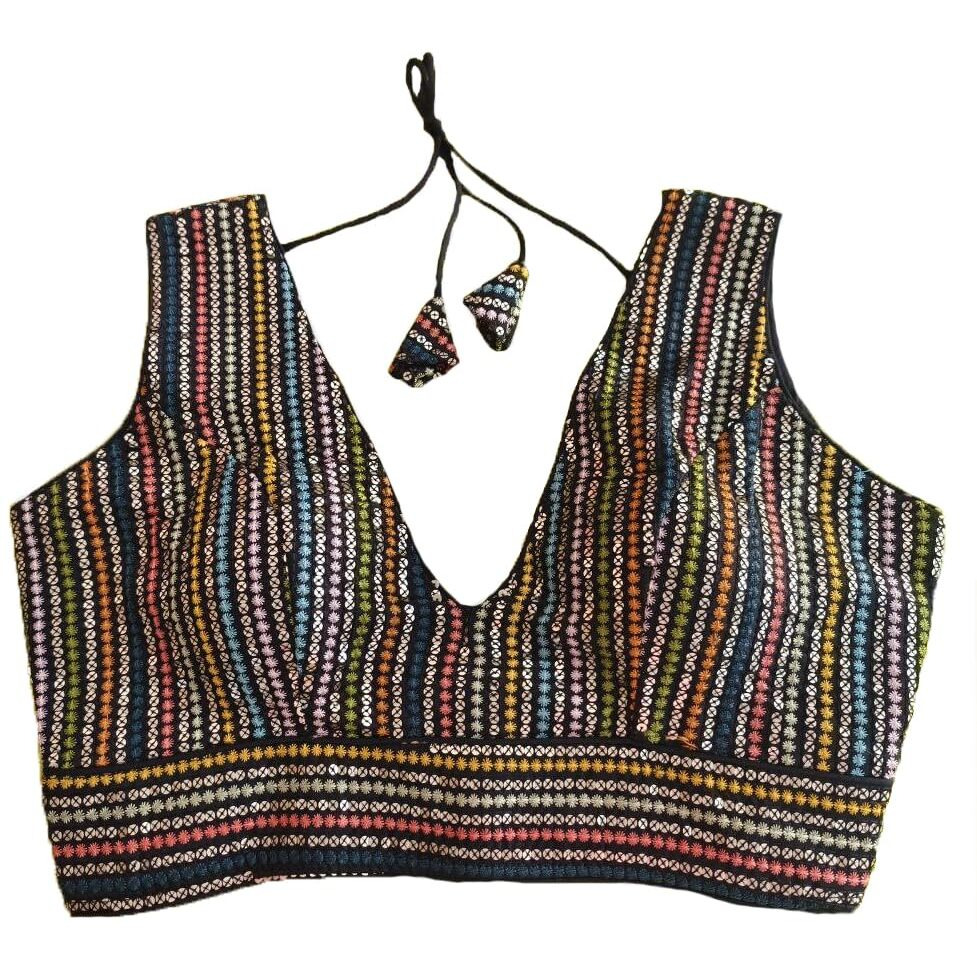 Pujia Mills Women's Sleeveless Sabyasachi Pattern V Neck Embroidery Work With Sequence Indian Ethnic Wear Readymade Saree Blouse For Lehenga Choli (Black, 32)