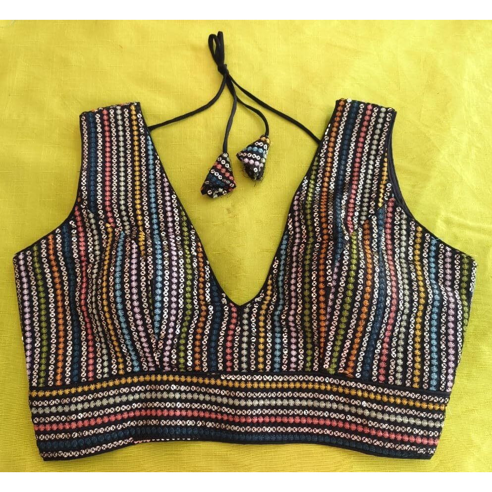 Pujia Mills Women's Sleeveless Sabyasachi Pattern V Neck Embroidery Work With Sequence Indian Ethnic Wear Readymade Saree Blouse For Lehenga Choli (Black, 32)