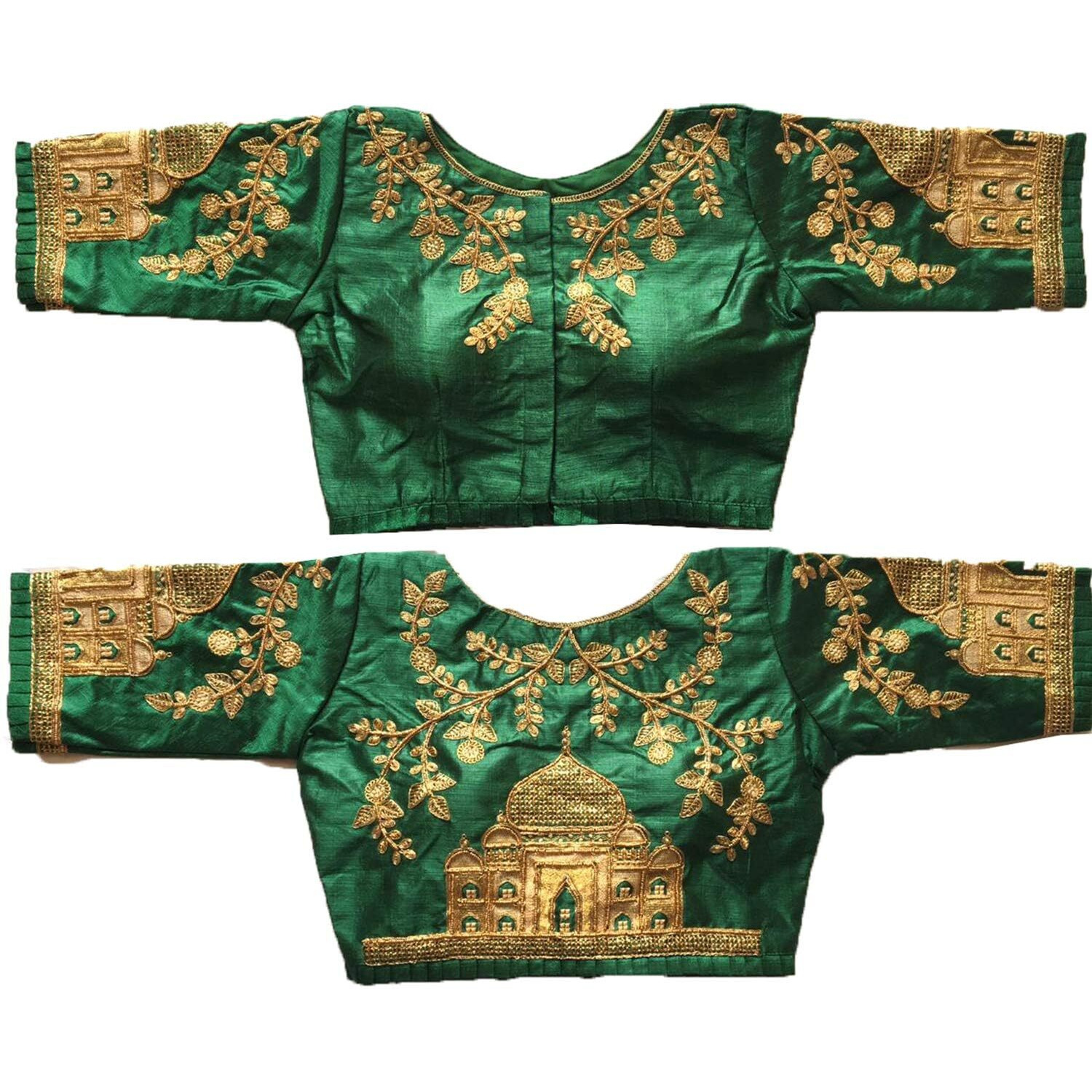 Pujia Mills Women's Multicolor Embroidery Work Taj Mahal Khatli Work Phantom Silk Readymade Saree Half Sleeve Blouse (Mum Taj Blouse_Dark Green 38)