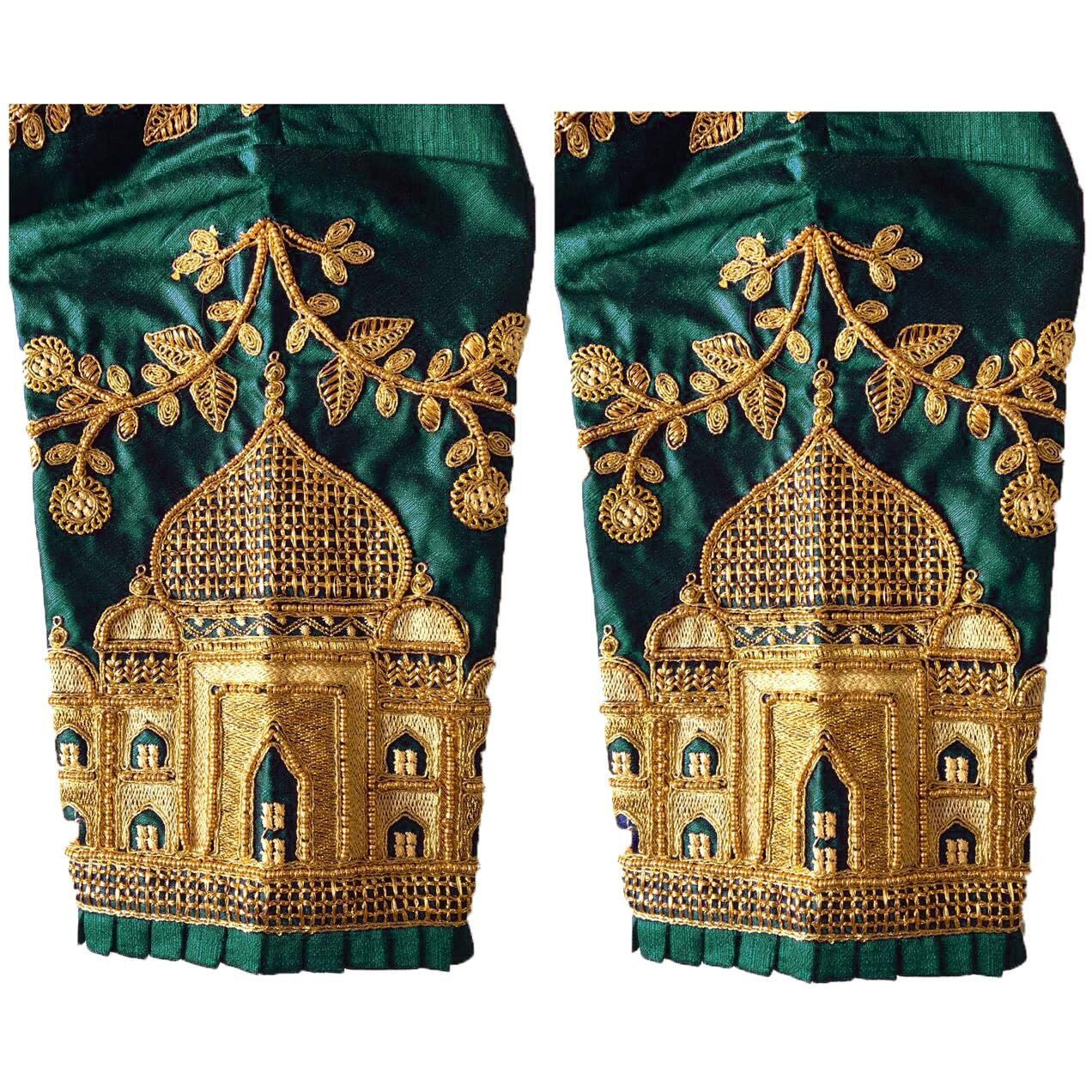 Pujia Mills Women's Multicolor Embroidery Work Taj Mahal Khatli Work Phantom Silk Readymade Saree Half Sleeve Blouse (Mum Taj Blouse_Dark Green 38)