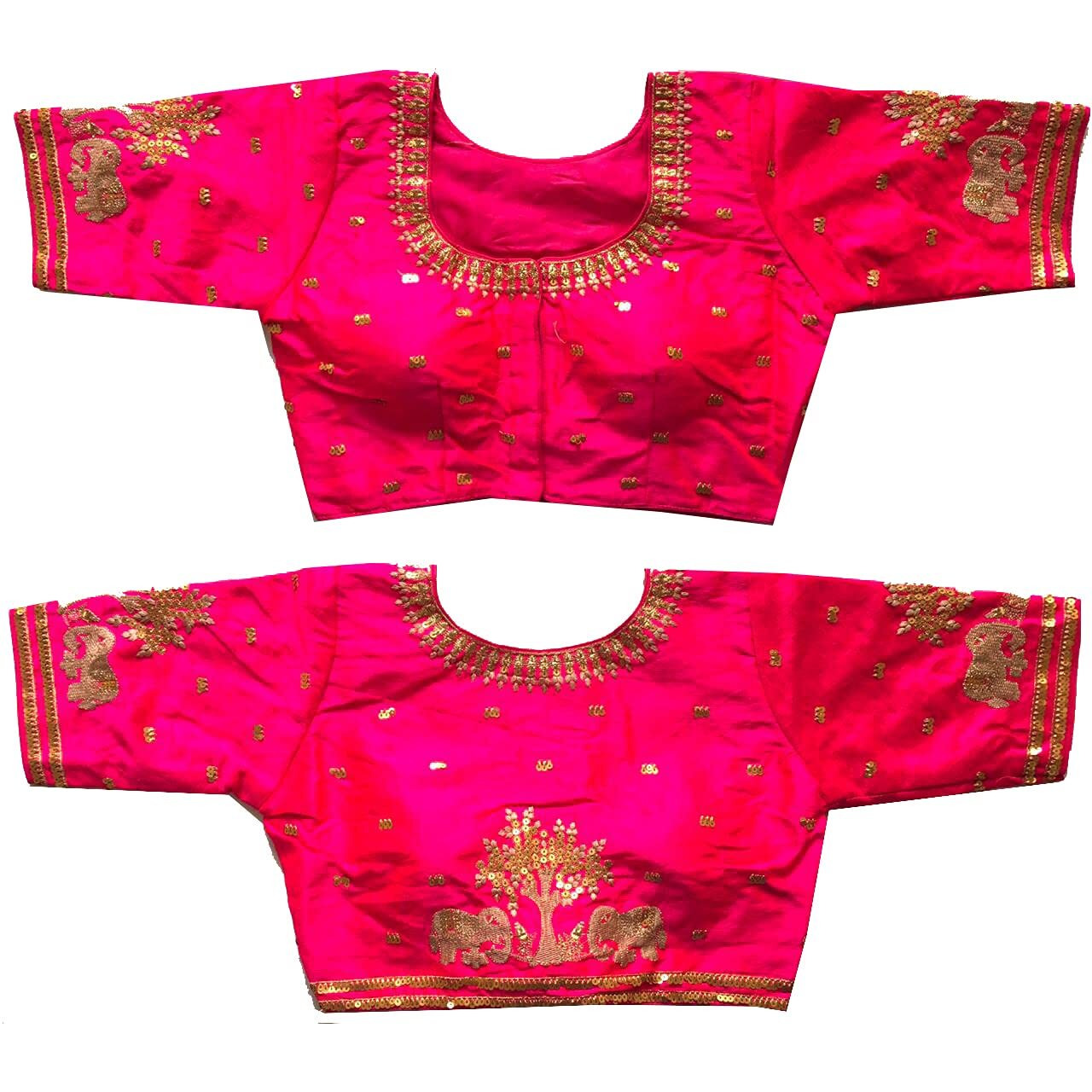 Pujia Mills Women's Multicolor Phantom Silk Heavy Elephant Gold Thread Embroidery Sequins Zari Work Half Sleeves Readymade Saree Blouse (38 Size +Margin)