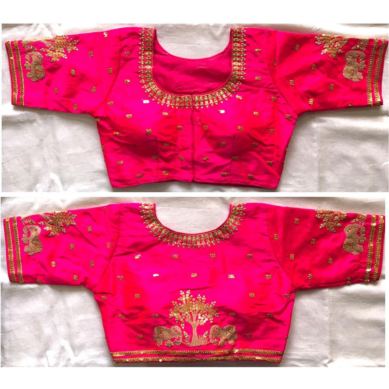 Pujia Mills Women's Multicolor Phantom Silk Heavy Elephant Gold Thread Embroidery Sequins Zari Work Half Sleeves Readymade Saree Blouse (38 Size +Margin)