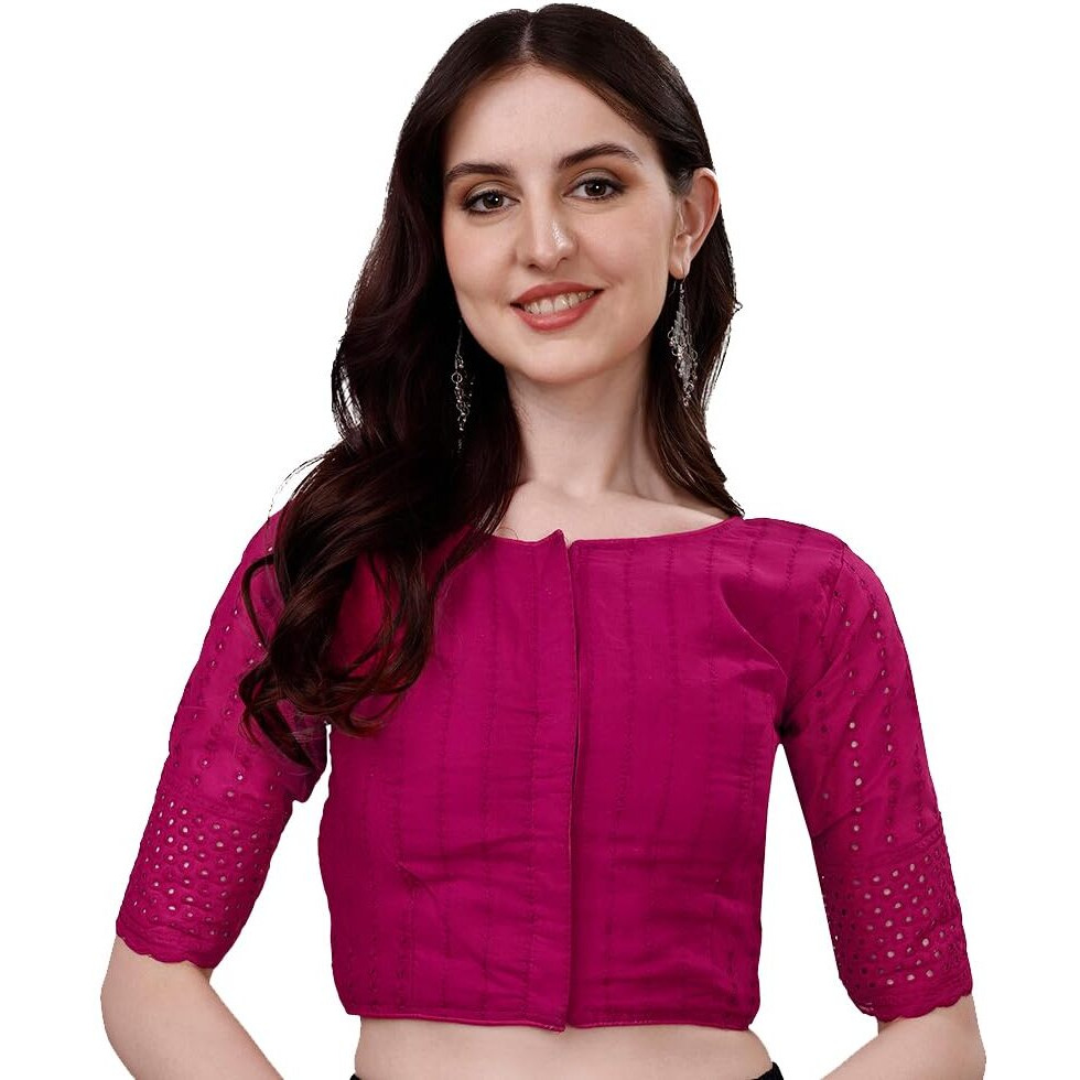 Pujia Mills Women's Trendy Hakoba Chikankari Work Half Sleeve Rani Saree Blouse (Hakoba 13 Rani_38)