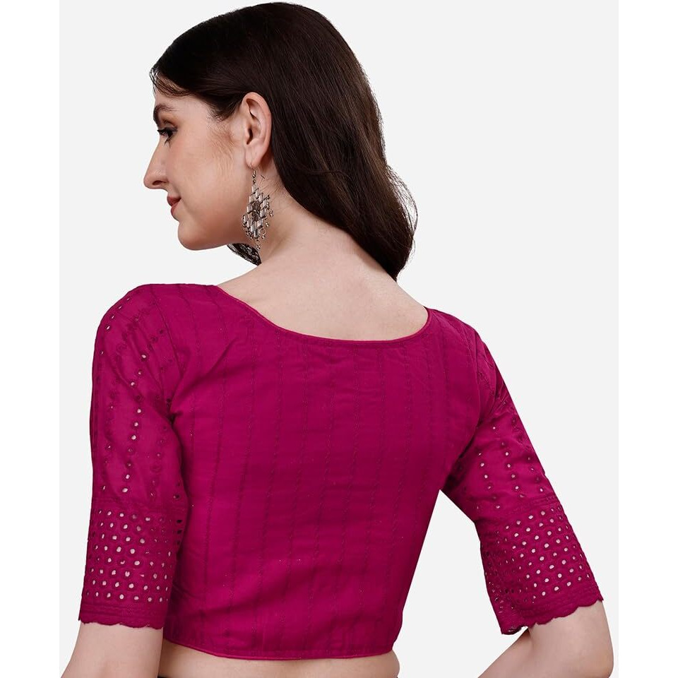 Pujia Mills Women's Trendy Hakoba Chikankari Work Half Sleeve Rani Saree Blouse (Hakoba 13 Rani_38)