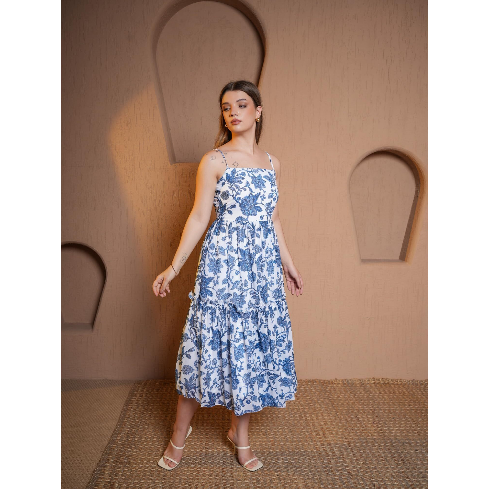 Purvaja Womens Fit & Flare Below Knee Length Dress (Floe-004_Blue_Small)