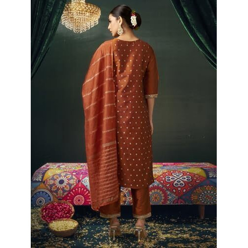 Sanisa Women's Taffeta Jacquard Work Straight Kurta With Pant And Dupatta Set (215Kbd2272Nr-Xl_Rust & Golden)