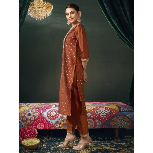 Sanisa Women's Taffeta Jacquard Work Straight Kurta With Pant And Dupatta Set (215Kbd2272Nr-Xl_Rust & Golden)