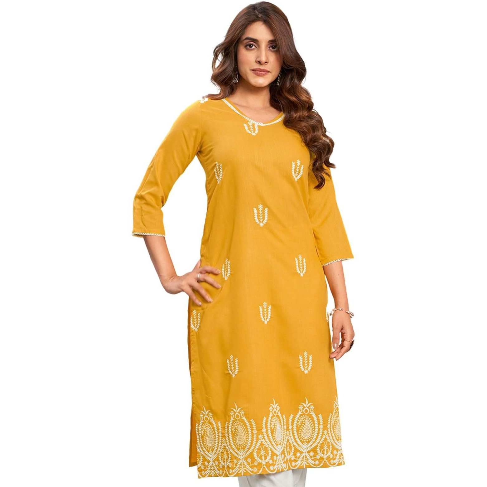 Sanisa Women's Cotton Blend Chikankari Embroidery Straight Kurti (473K10012N-Xxl_Yellow)