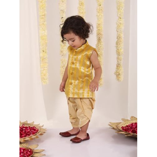 Jbn Creation Infant Boys Yellow And Gold Silk Blend Kurta And Dhoti Set