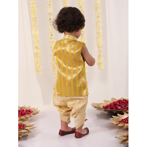 Jbn Creation Infant Boys Yellow And Gold Silk Blend Kurta And Dhoti Set