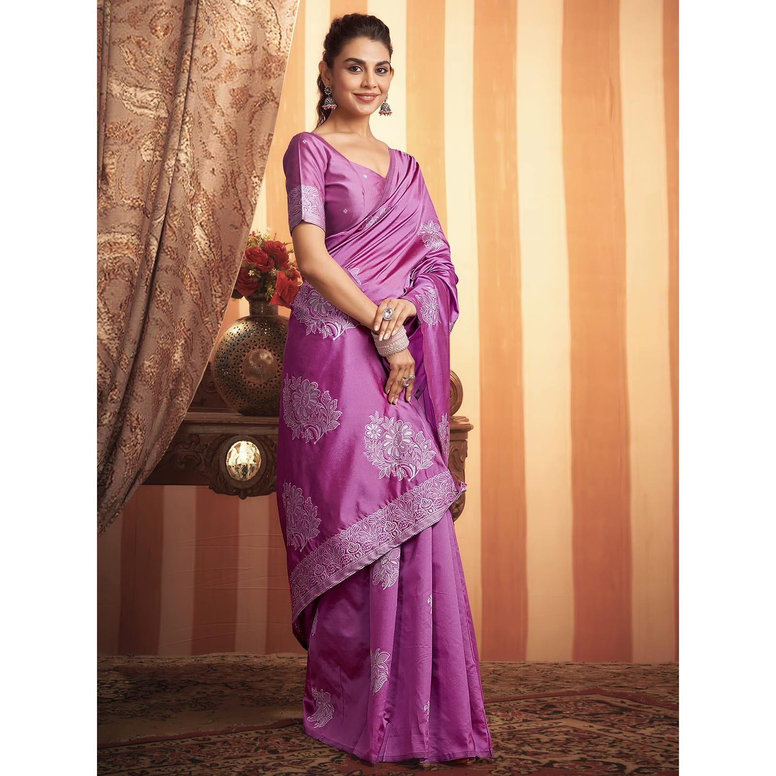 Satrani Women's Silk Blend Banarasi Jacquard Saree With Unstitched Blouse Piece (3882S191N_Ultra Pink)