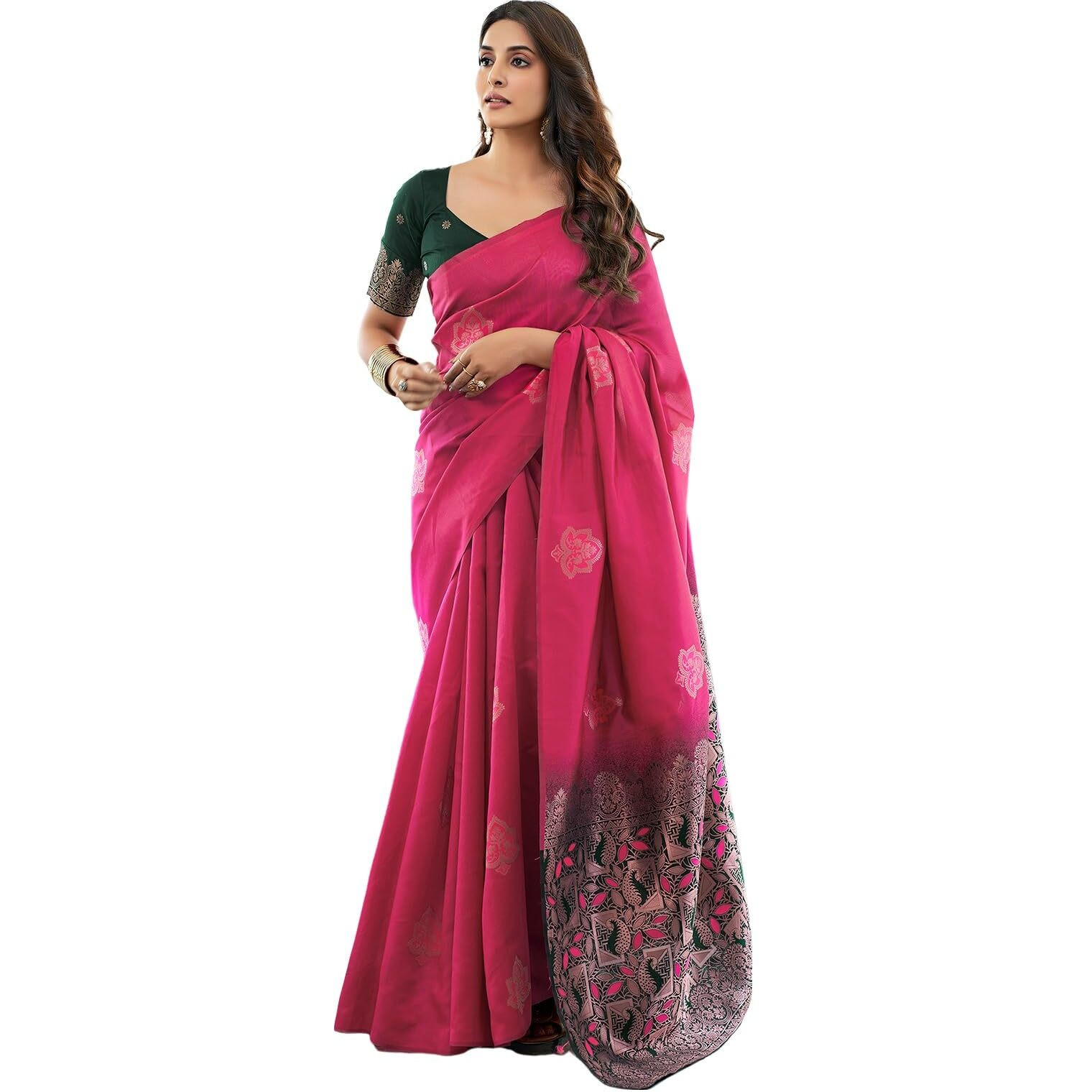 Satrani Women's Banarasi Silk Jacquard Saree With Unstitched Blouse Piece (3696S109N_Dark Hot Pink)