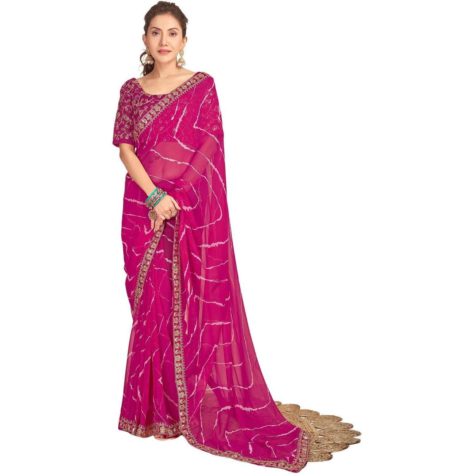 Satrani Women's Georgette Leheriya Printed Sequence Embroidery Lace Saree With Unstitched Blouse Piece (3667S2552N_Rani Pink)