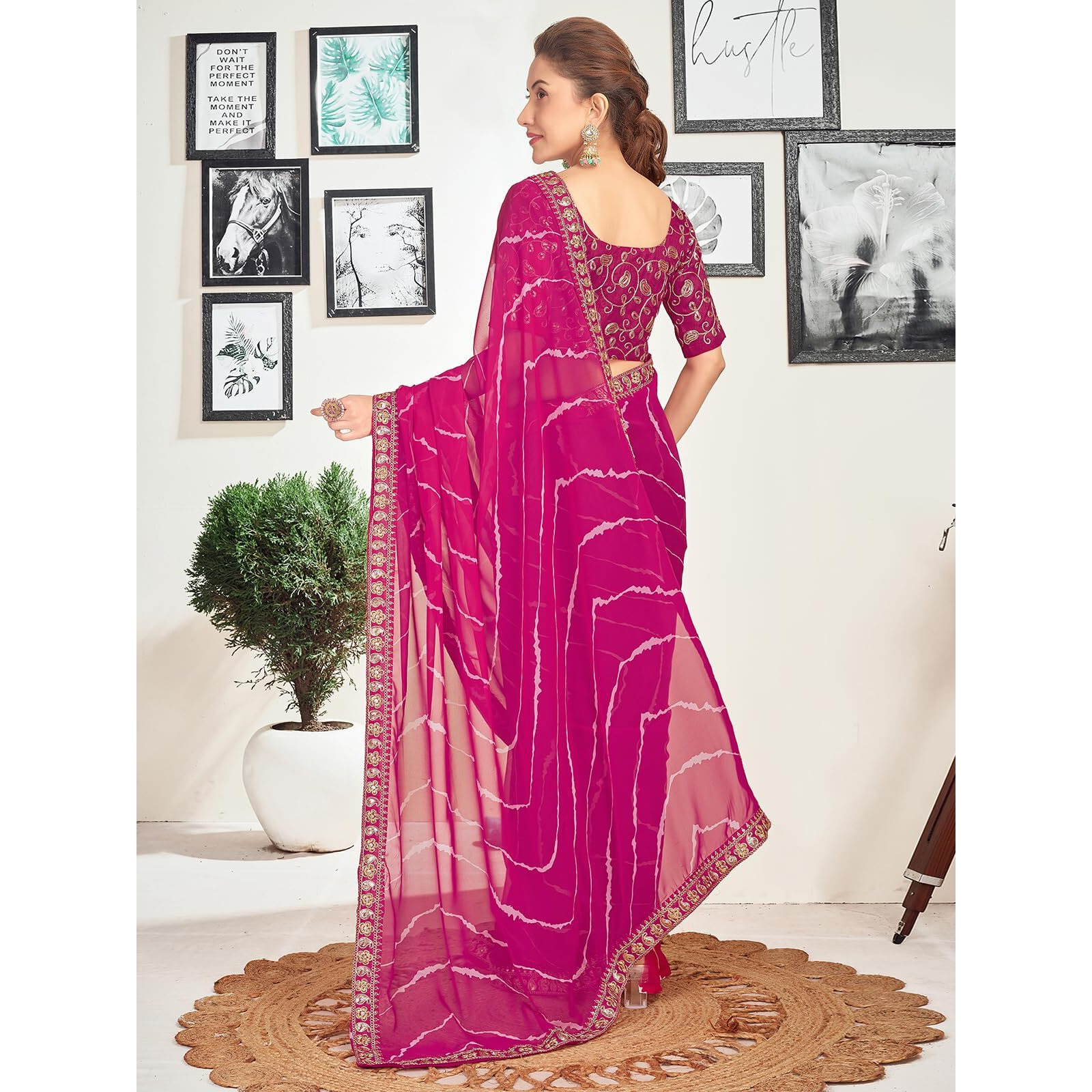 Satrani Women's Georgette Leheriya Printed Sequence Embroidery Lace Saree With Unstitched Blouse Piece (3667S2552N_Rani Pink)