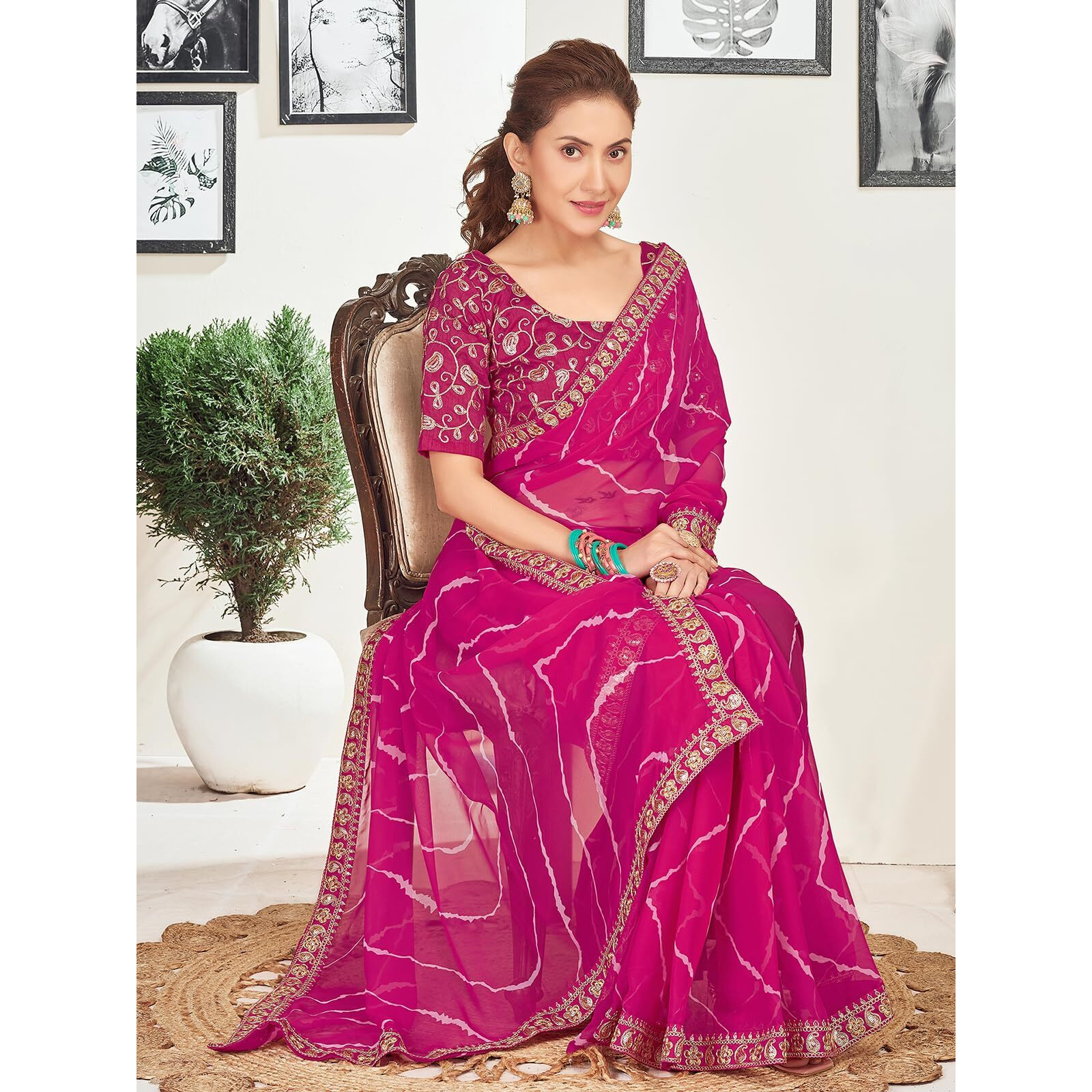 Satrani Women's Georgette Leheriya Printed Sequence Embroidery Lace Saree With Unstitched Blouse Piece (3667S2552N_Rani Pink)