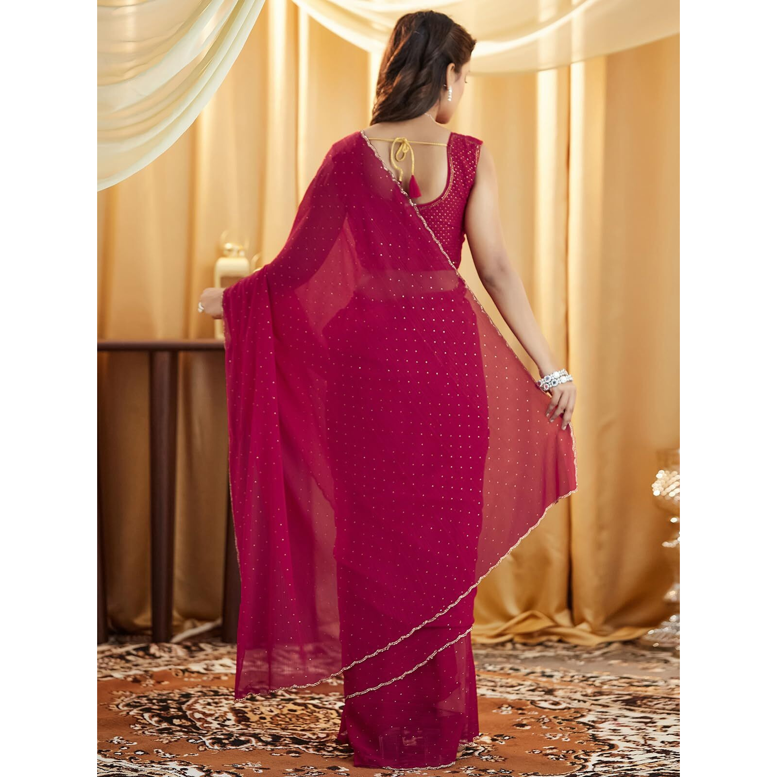 Satrani Women's Georgette Stone Work Saree With Unstitched Blouse Piece (4021S597N_Dark Pink & Golden)