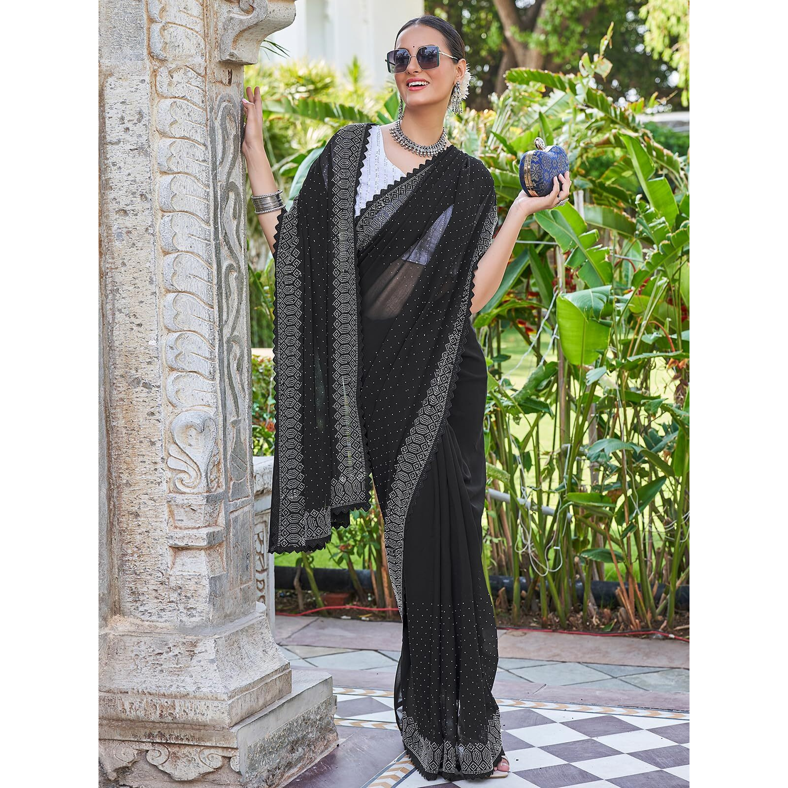 Satrani Women's Stone Work Embellished Georgette Saree With Unstitched Blouse Piece (3731S173N_Black)