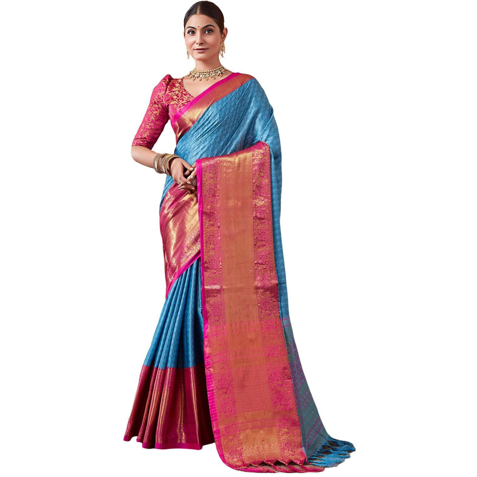 Satrani Women's Cotton Silk Dobby Weave Jacquard Border Saree With Unstitched Blouse Piece (3579S2514N_Blue & Rani Pink)