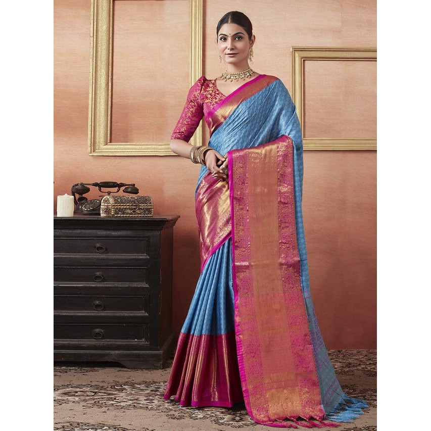 Satrani Women's Cotton Silk Dobby Weave Jacquard Border Saree With Unstitched Blouse Piece (3579S2514N_Blue & Rani Pink)