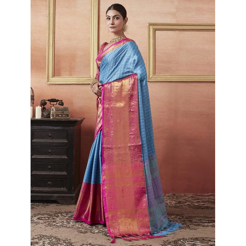 Satrani Women's Cotton Silk Dobby Weave Jacquard Border Saree With Unstitched Blouse Piece (3579S2514N_Blue & Rani Pink)