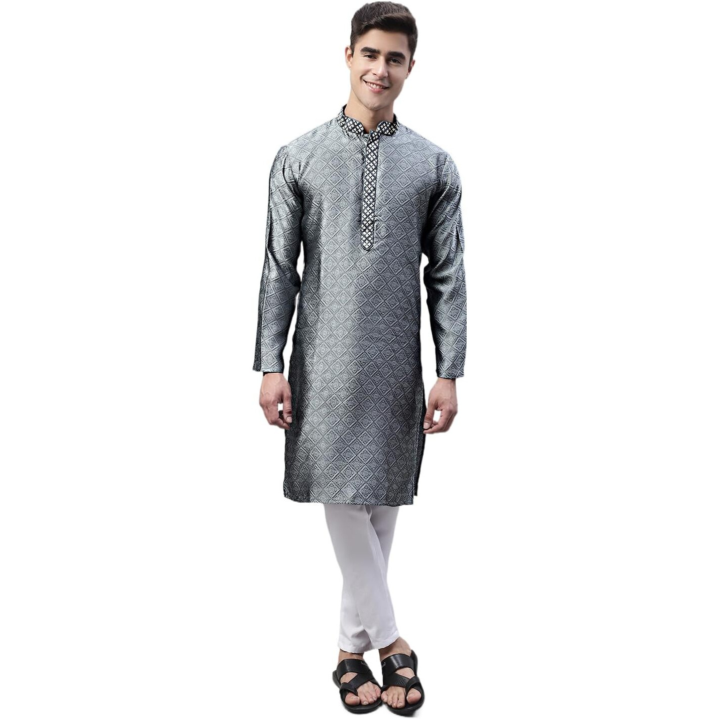 Jompers Men's Collar Embroidered Silk Jacquard Kurta Pyjama Set (Grey, S)