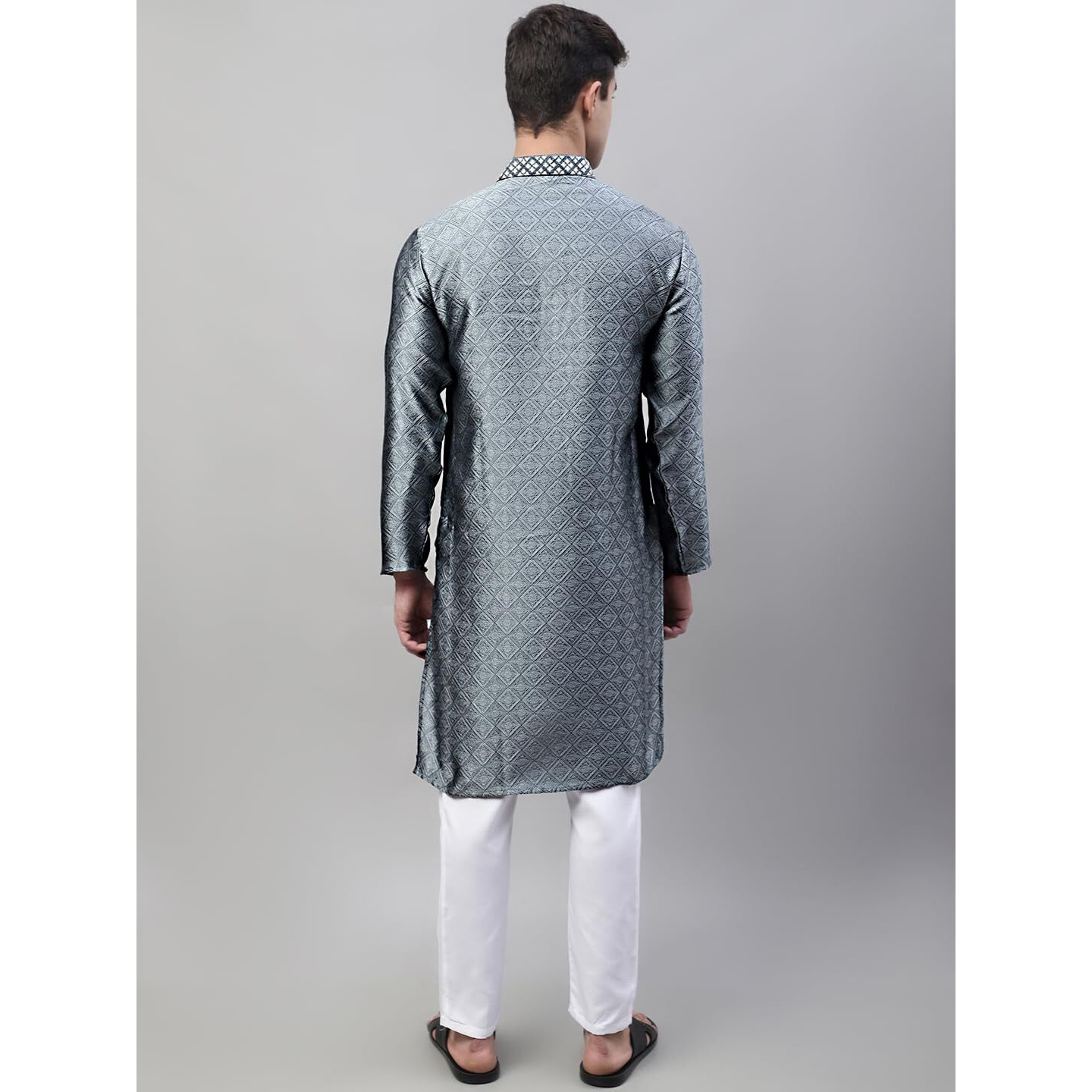 Jompers Men's Collar Embroidered Silk Jacquard Kurta Pyjama Set (Grey, S)