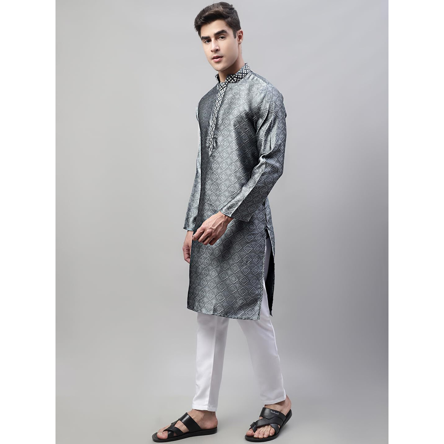 Jompers Men's Collar Embroidered Silk Jacquard Kurta Pyjama Set (Grey, S)