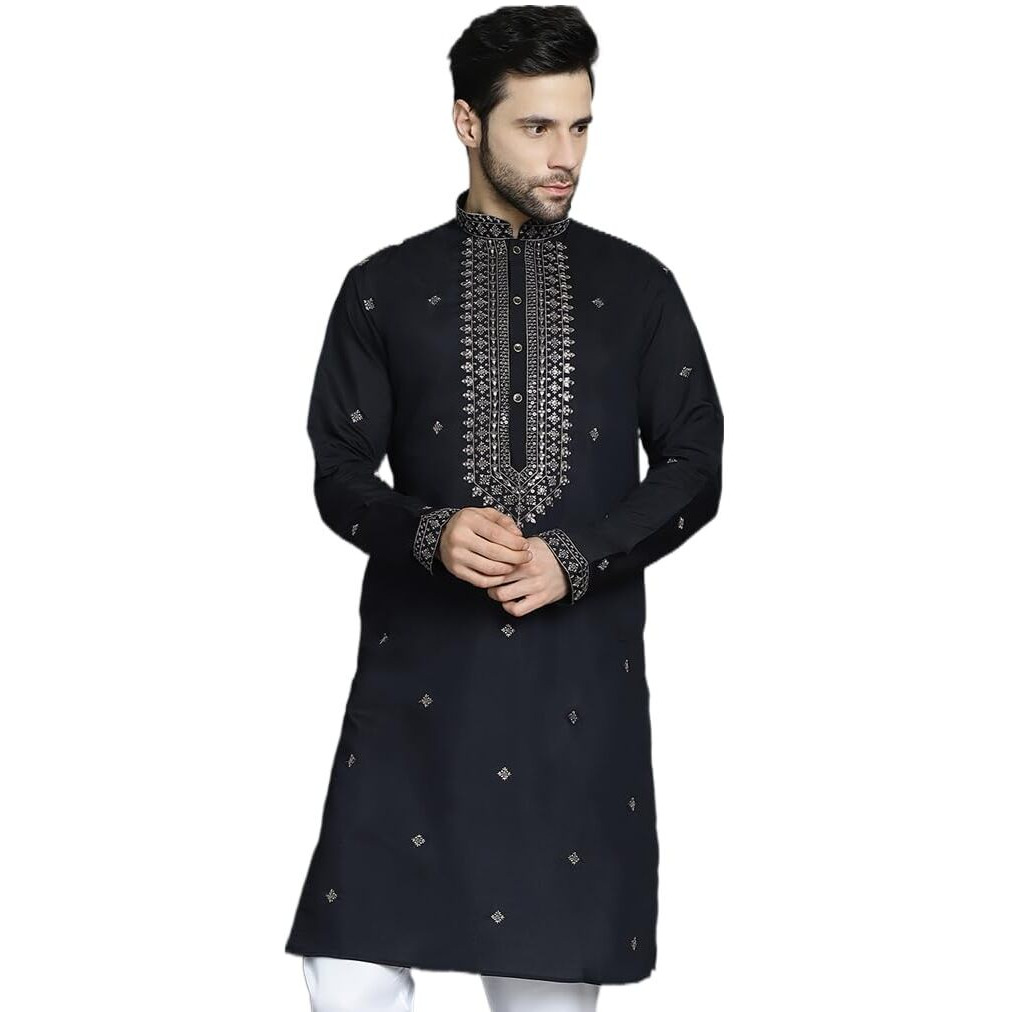 Jompers Men's Black Sequin Embroidered Kurtas (Black, S)