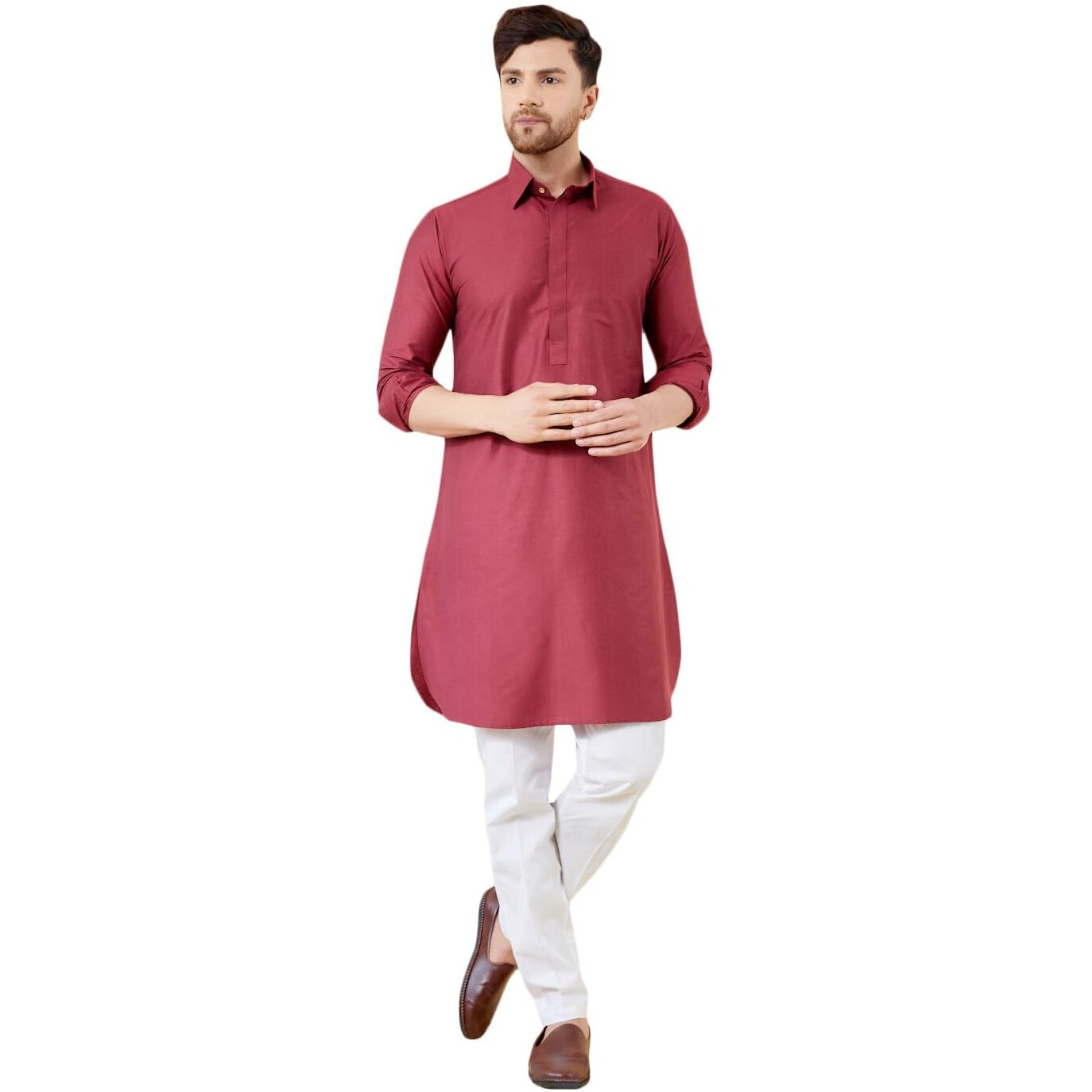 See Designs Men Red Cotton Solid Spread Collar Curved Hem Side Slit Full Sleeve Pathani Kurta With Pyjama - Bnrskt62001L