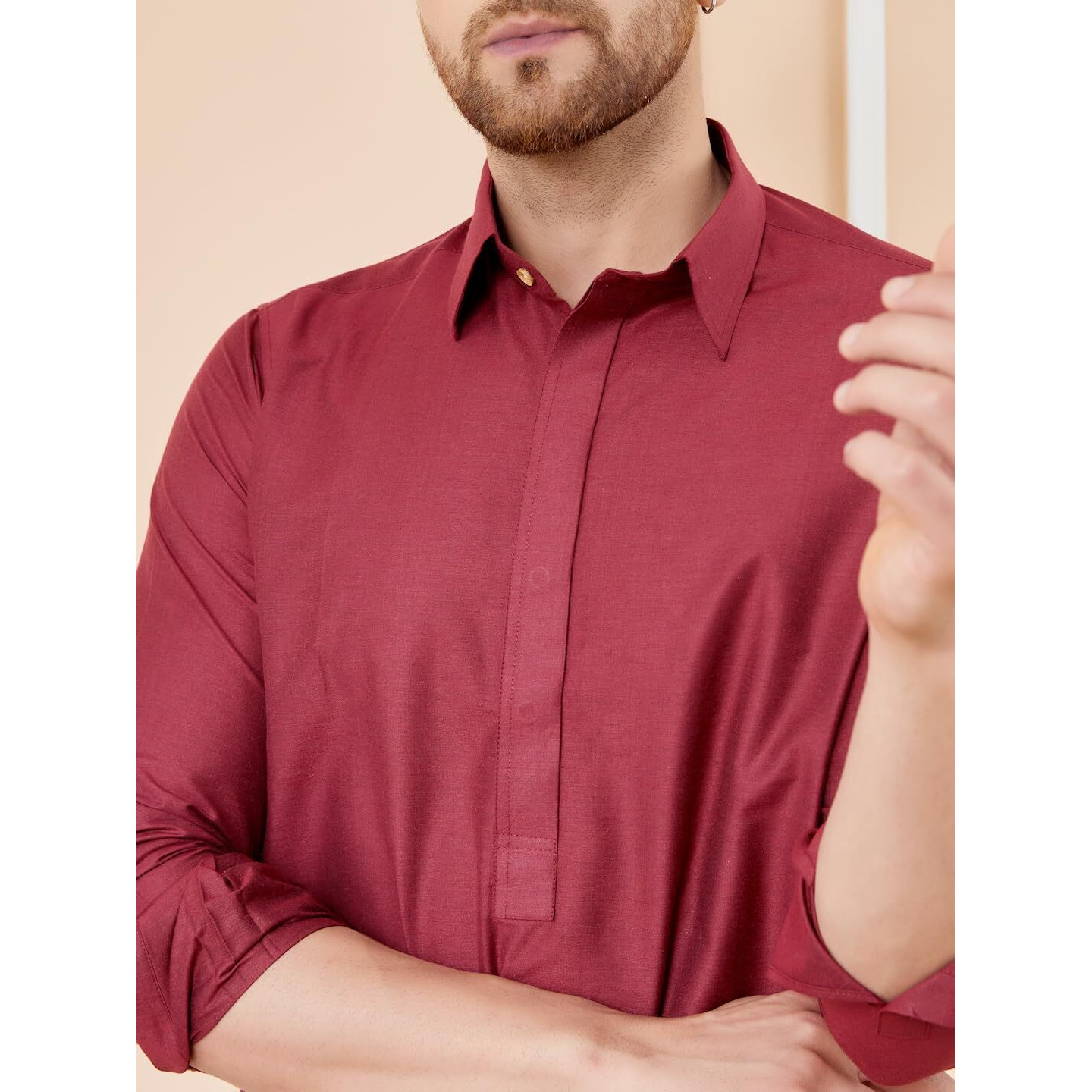 See Designs Men Red Cotton Solid Spread Collar Curved Hem Side Slit Full Sleeve Pathani Kurta With Pyjama - Bnrskt62001L