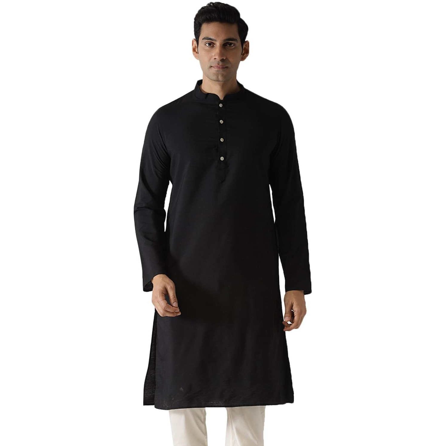 Kisah Men Midnight Black Kurta Full Sleaves, Knee Length, Straight, Regular Fit, Mandarin Collar Ethnic Wear