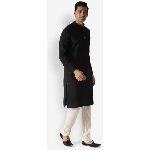Kisah Men Midnight Black Kurta Full Sleaves, Knee Length, Straight, Regular Fit, Mandarin Collar Ethnic Wear