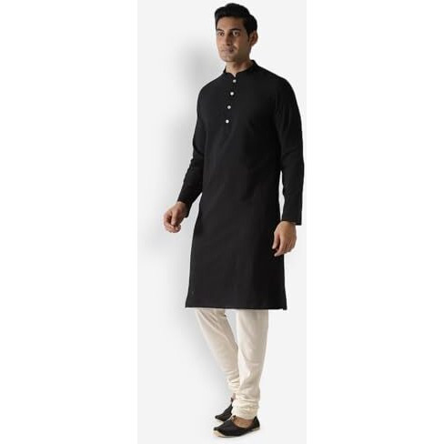 Kisah Men Midnight Black Kurta Full Sleaves, Knee Length, Straight, Regular Fit, Mandarin Collar Ethnic Wear