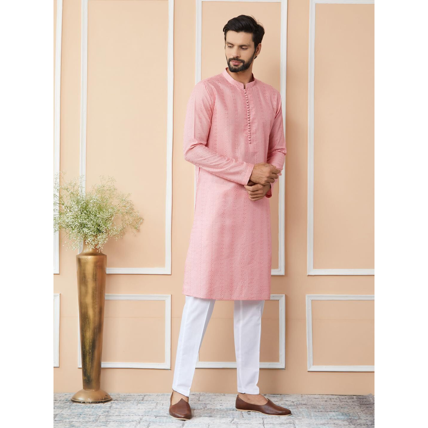 See Designs Men's Long Sleeve Mandarin Collar Side Slit Pink Embroidered Thread Work Sequinned Chanderi Silk Straight Kurta - Sdkt2511S